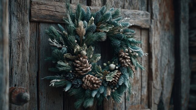 rustic Christmas wreath on old wooden door,