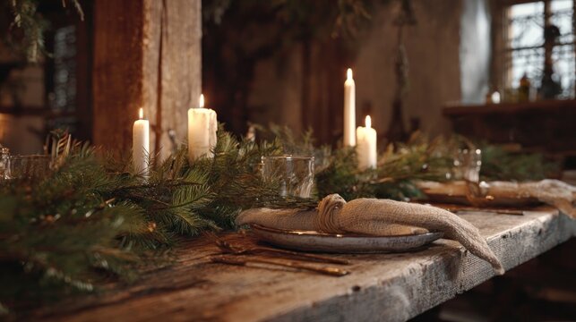 rustic dining table with pine branches and candles prepared for Christmas feast,