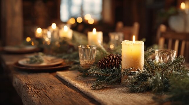 rustic dining table with pine branches and candles prepared for Christmas feast,