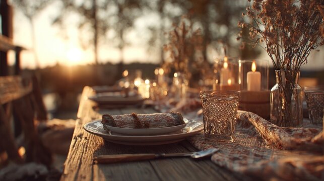 rustic festive table setting during sunset,