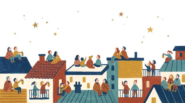 Children celebrating with lanterns on rooftops under starry night sky