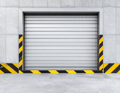 Industrial roller shutter door with yellow and black safety stripes on gray concrete wall, blank warehouse loading dock mockup with copy space