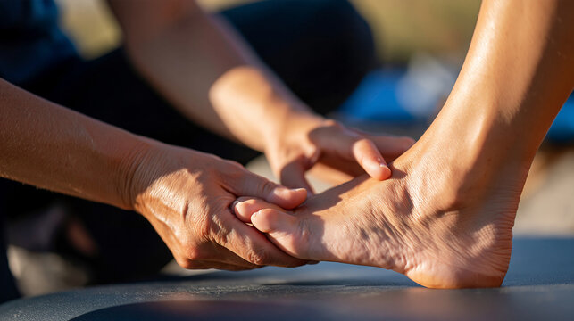 Faceless trekking guide receiving foot and plantar fascia physiotherapy after an overuse injury, soft tissue mobilization technique, detailed close view of hands working on the
