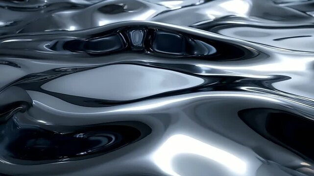 Liquid Silver Metallic Surface Featuring Elegant Midnight Light Effect And Fluid Waves