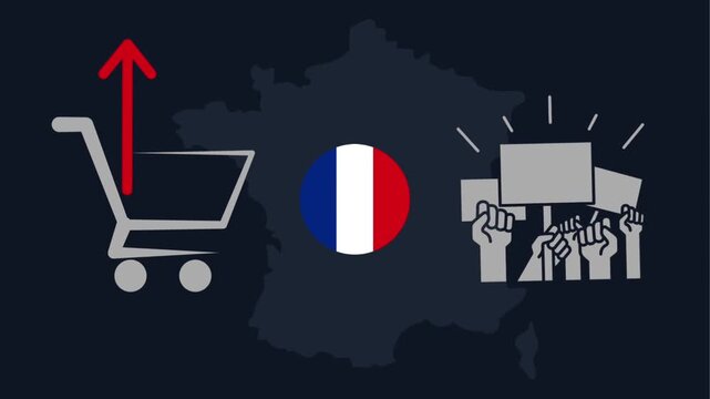 France Inflation and Cost of Living Crisis Concept with Protest Signs and Shopping Cart on France Map