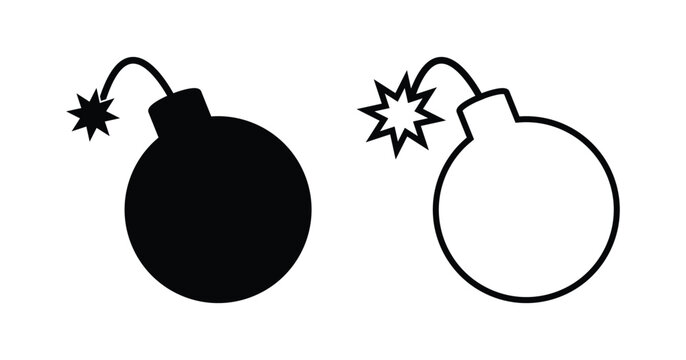 Bomb Icon Set with Fused and Spark Symbols. Outline and Solid Style Editable Vector Illustration.