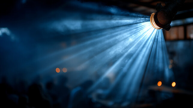 Bright blue spotlight projecting dynamic light rays and beams through smoky atmosphere