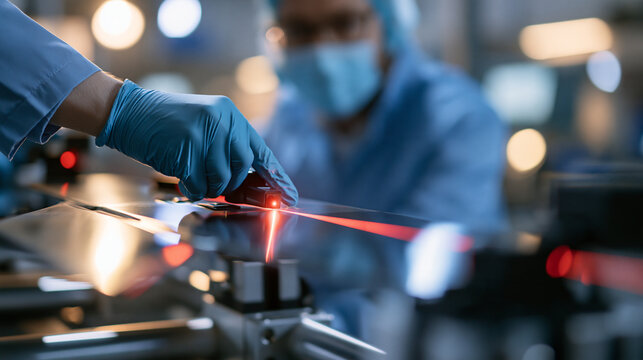 Precision aerospace assembly with a drone wing mounted on a manufacturing fixture, faceless technician in gloves and protective clothing aligning aerodynamic surfaces with laser