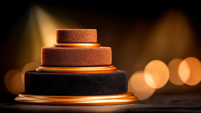 Tiered cylindrical platform display pedestal with warm glowing lights in dark setting