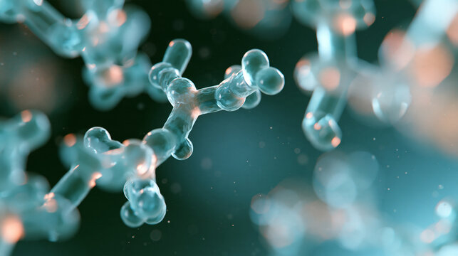 Microscopic growth hormone molecules as intricate protein structures surrounded by subtle cellular particles, conceptual connection to athletic performance and body composition,