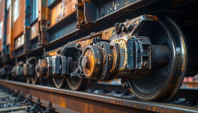 Close-up view of railway train wheels and metal track suspension system