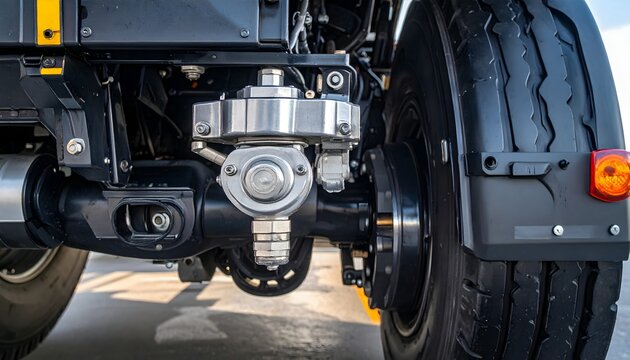 Close-up of heavy-duty truck wheel assembly and mechanical components