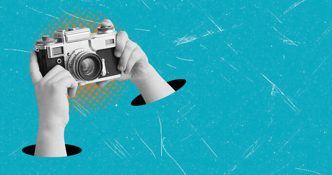 Art collage of hands holding a camera against a turquoise textured background