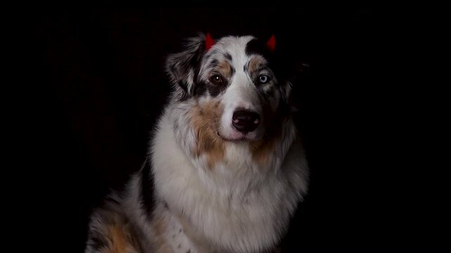 Portrait Australian Shepherd wearing a funny Halloween headband, rim with red devil horns black background real footage