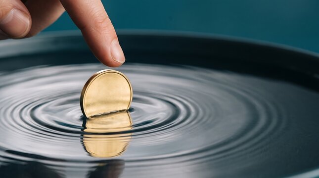 Golden coin creating ripples in water reflection on black surface
