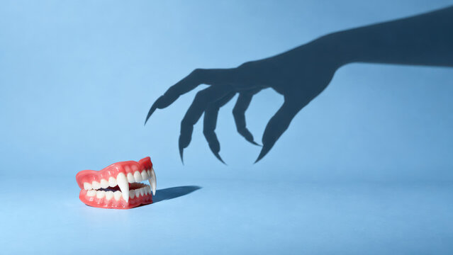 Vampire fang dentures on a pale blue surface, monster claw shadow reaching down