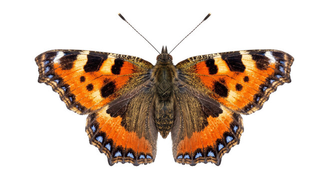 Detailed red admiral butterfly with open wings displayed against a solid black background