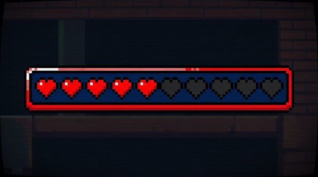 Retro pixel art health status bar with red heart s on interface meter vintage 8 bit video game user interface graphic asset representing life points survival vitality and gaming energy level