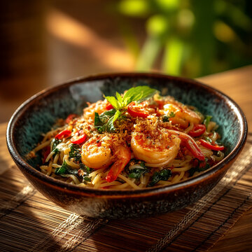Stir fried shrimp noodles served in a ceramic bowl with asian cuisine
