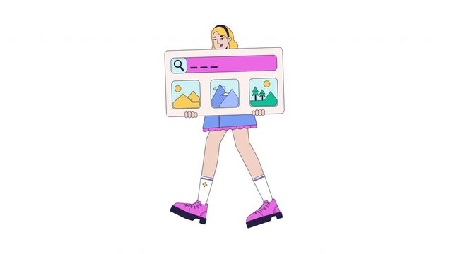 Cheeky web developer carrying search interface placeholder 2D animation. Website frontend creator winking with UI layout animated character cartoon flat concept 4K video on transparent background