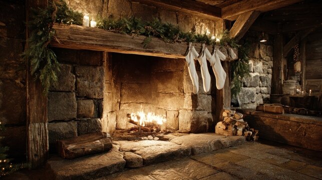 rustic fireplace with stockings in a rustic barn,