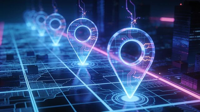 Descending energy filaments activating hologram map pins pulsing on neon grid with magenta route