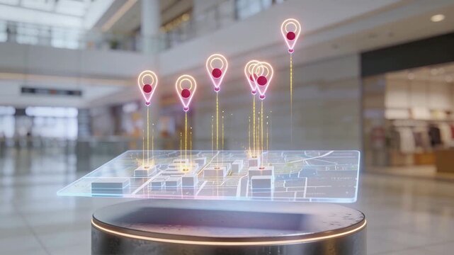 Floating hologram map casting magenta ringed pins with golden trails on pedestal in mall atrium