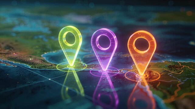 Pins appearing three neon pins rising and shrinking on shiny Central America map