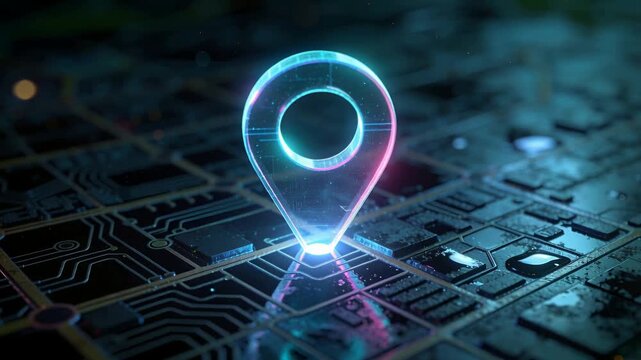 Materializing hologram location pin rising from bright grid point on circuit board