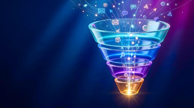 Illuminated digital marketing sales funnel concept with glowing icons processing business data and communication
