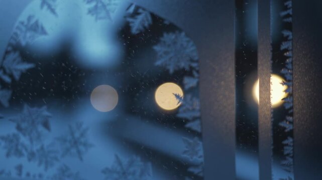 Shifting camera revealing frosted glass cutout at window to show snowflake crystals and warm bokeh