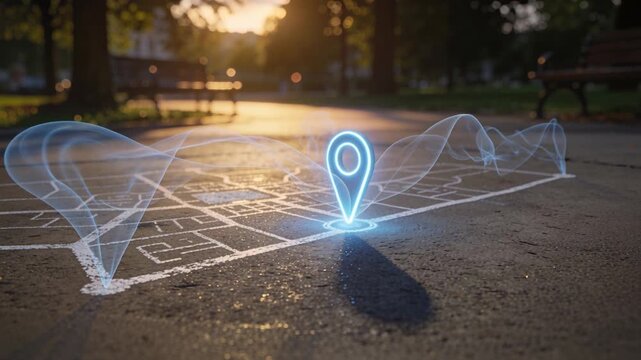 Appearing blue hologram pin sending scanning ribbons across chalk map at park path marking location