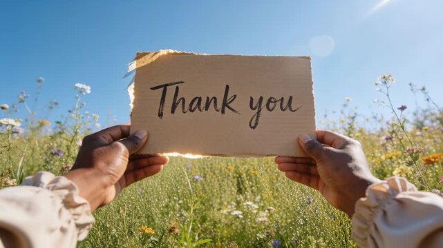 Raising cuffed hands on start holding cardboard sign reading Thank you over flowers giving thanks