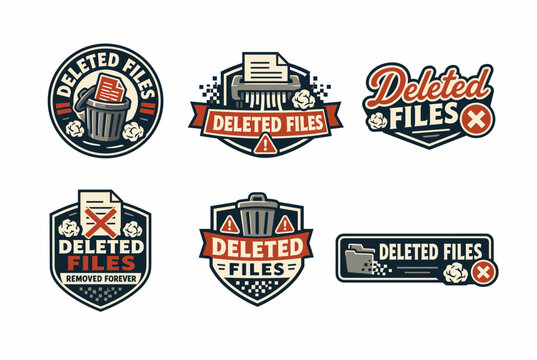 Various deleted files and removed data emblems arranged in a decorative set, highlighting document shredder machines, overflowing trash cans, and crossed paper sheets in a vintage badge style