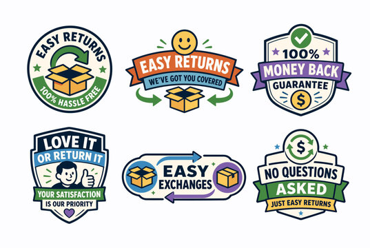 Customer satisfaction and hassle-free returns emblems illustrating open cardboard delivery boxes, return arrows, money back guarantee shields, and happy client in a retro badge style