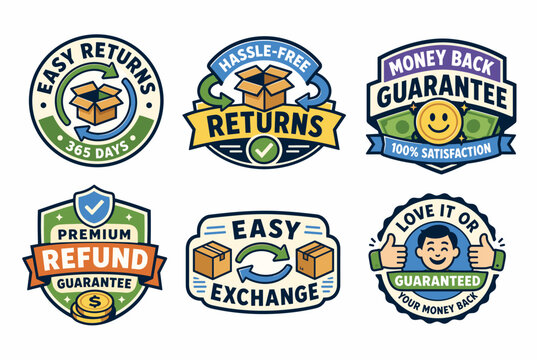 Money back guarantee and easy product return emblems illustrating cardboard parcel boxes, circular exchange arrows, gold refund coins, and happy customer in a retro badge style