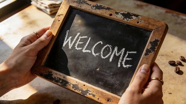 Holding board, ringed hands tilting it at cafe table as sunlight shifts, keeping WELCOME clear