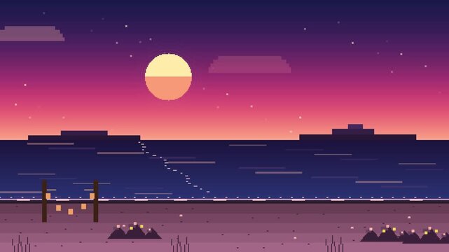 Pixel art sunset beach landscape with purple sky and ocean waves