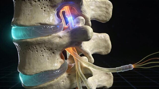 Contacting lead tip with right nerve at spine in studio causing blue pulses stimulating conduction