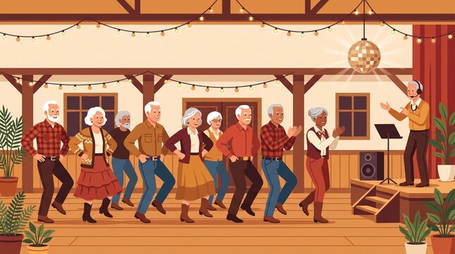 Seniors line dancing across community hall