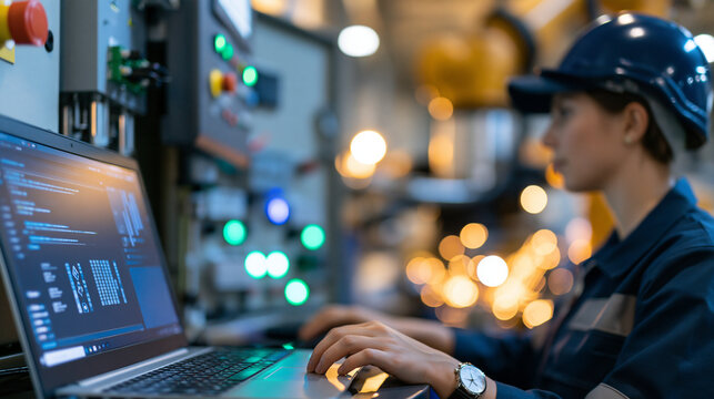 Faceless automation engineer performing preventive and predictive maintenance on a high-tech robotic production machine, laptop connected to an industrial control system, open