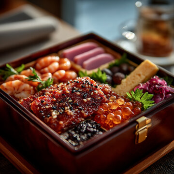 Traditional japanese bento box filled with fresh sushi rolls and variety of seafood