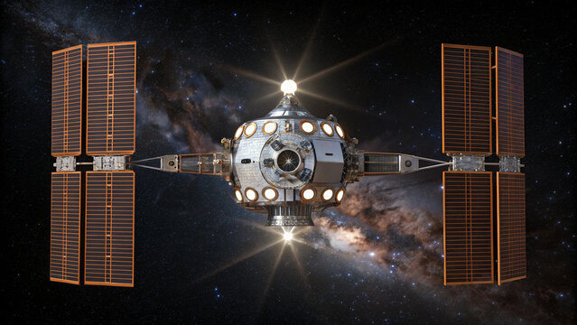 Futuristic spacecraft with solar panels and spherical module travels through deep space, set against starry galaxy backdrop