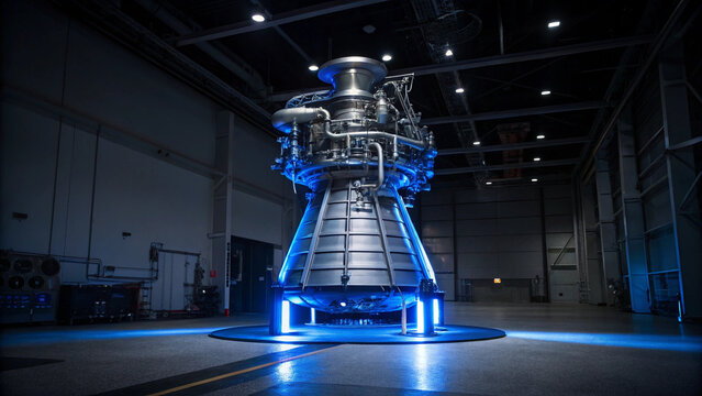 Futuristic rocket engine displayed dimly lit industrial setting, illuminated by blue lights, showcasing advanced interplanetary propulsion