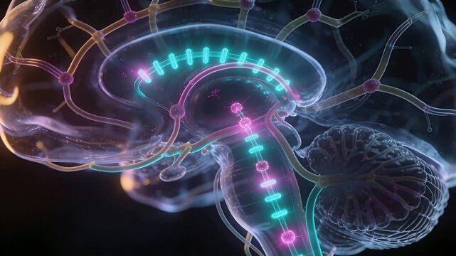 Animating clear brain pulsing along brainstem in void after pink nodes brightening, showing markers