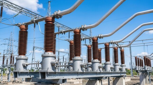 A row of high voltage electrical insulators stands in a power substation under a clear blue sky during a sunny day