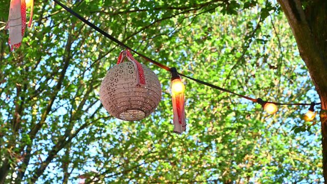 A video of outdoor string lights with a decorative lantern hanging among green tree foliage in a garden.