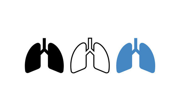 Human lungs icon set in three styles, medical respiratory system symbols, black and blue lung anatomy graphics for healthcare apps