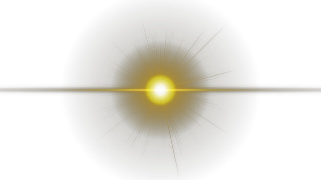 Bright golden starburst light effect with horizontal lens flare rays transparent background