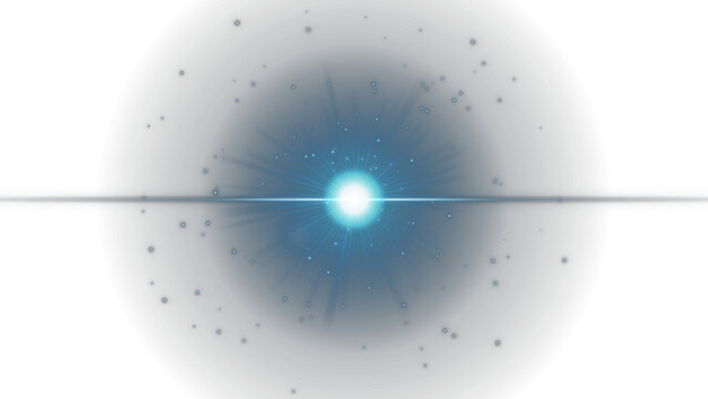 Abstract glowing light burst with star particles and horizontal lens flare effect isolated on white transparent background
